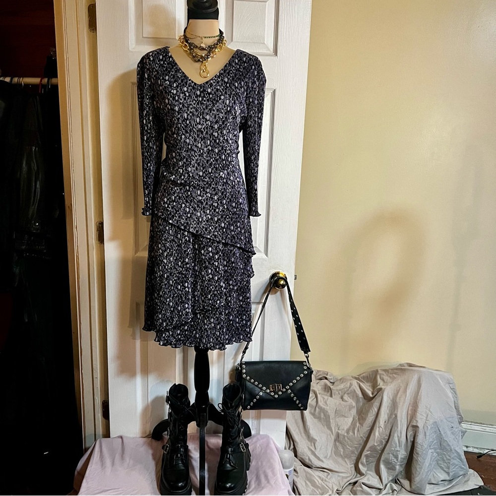 Connected Y2K Abstract Pleated Satin Asymmetric Layered Moody Grunge Dress 12P